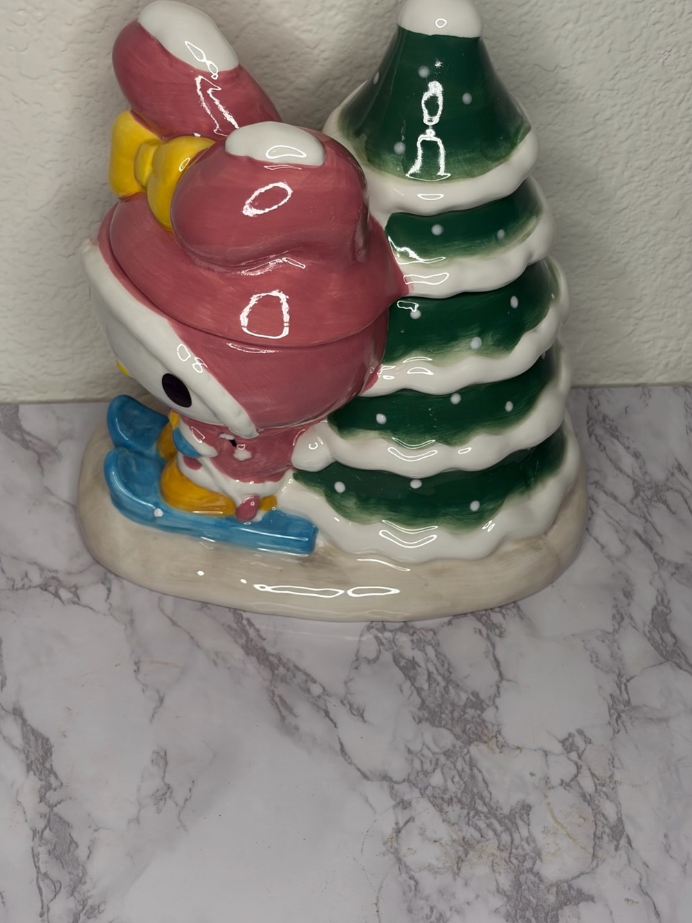Hello Kitty Pink and Green Ceramic Holiday Figurine with Blue Skis
